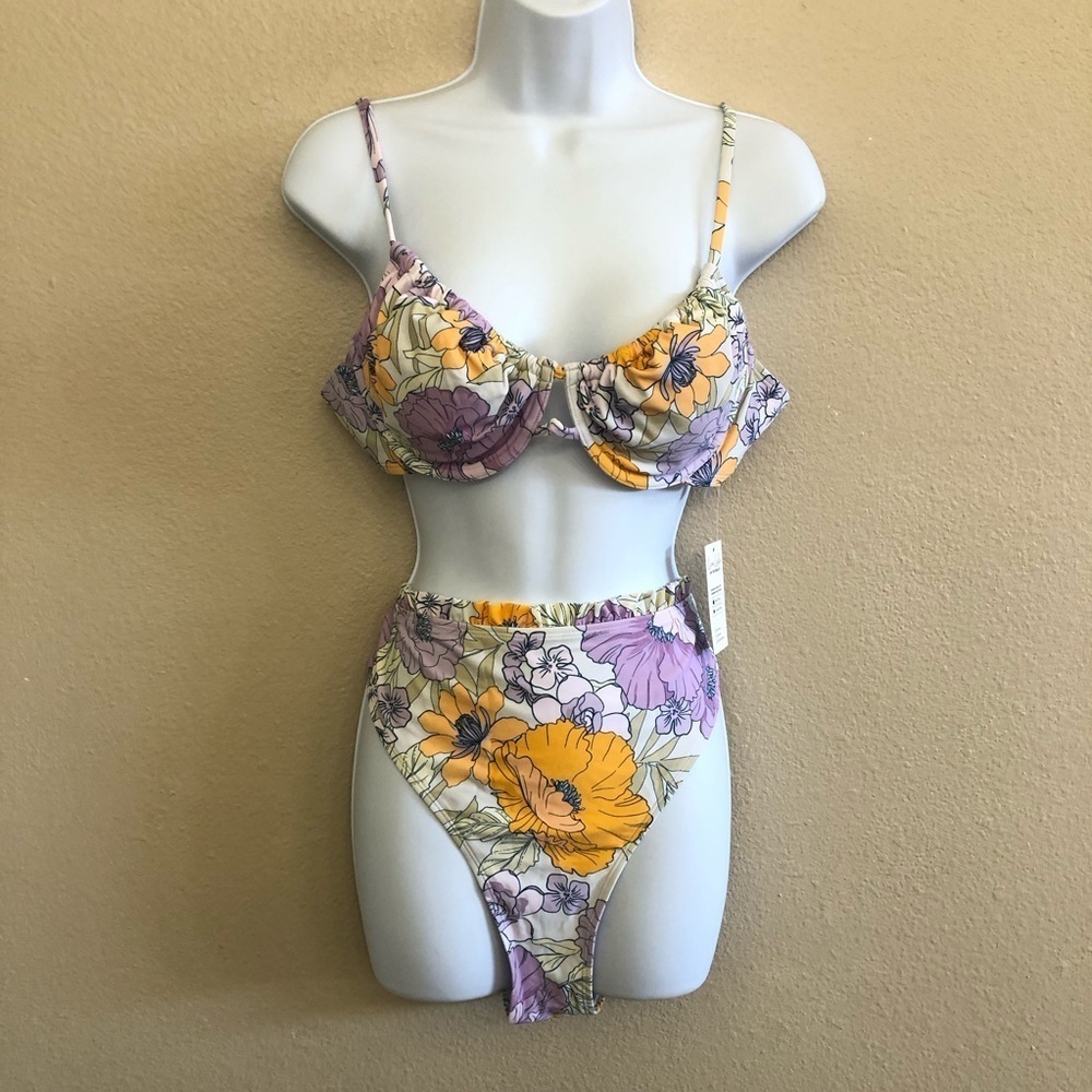 Women's Cupshe Floral Print Underwire Top & High Waist Cheeky Bikini Set Size XL